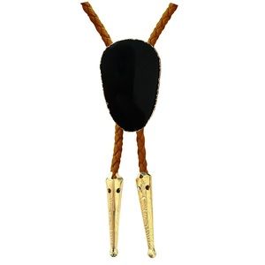 Black Onyx Gold Trim Bolo Tie with Brown Braided Vegan Leather Cord